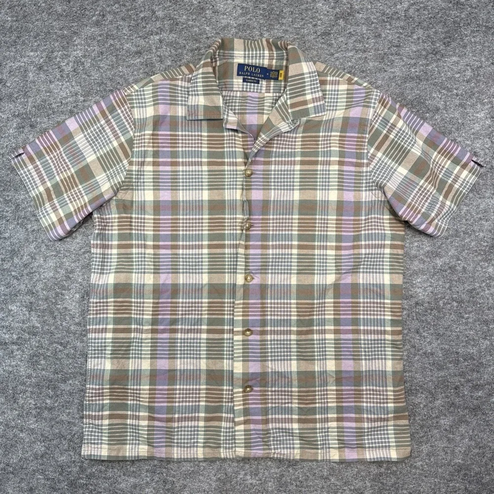 Polo Ralph Lauren shirt men's medium plaid short sleeve loop collar casual